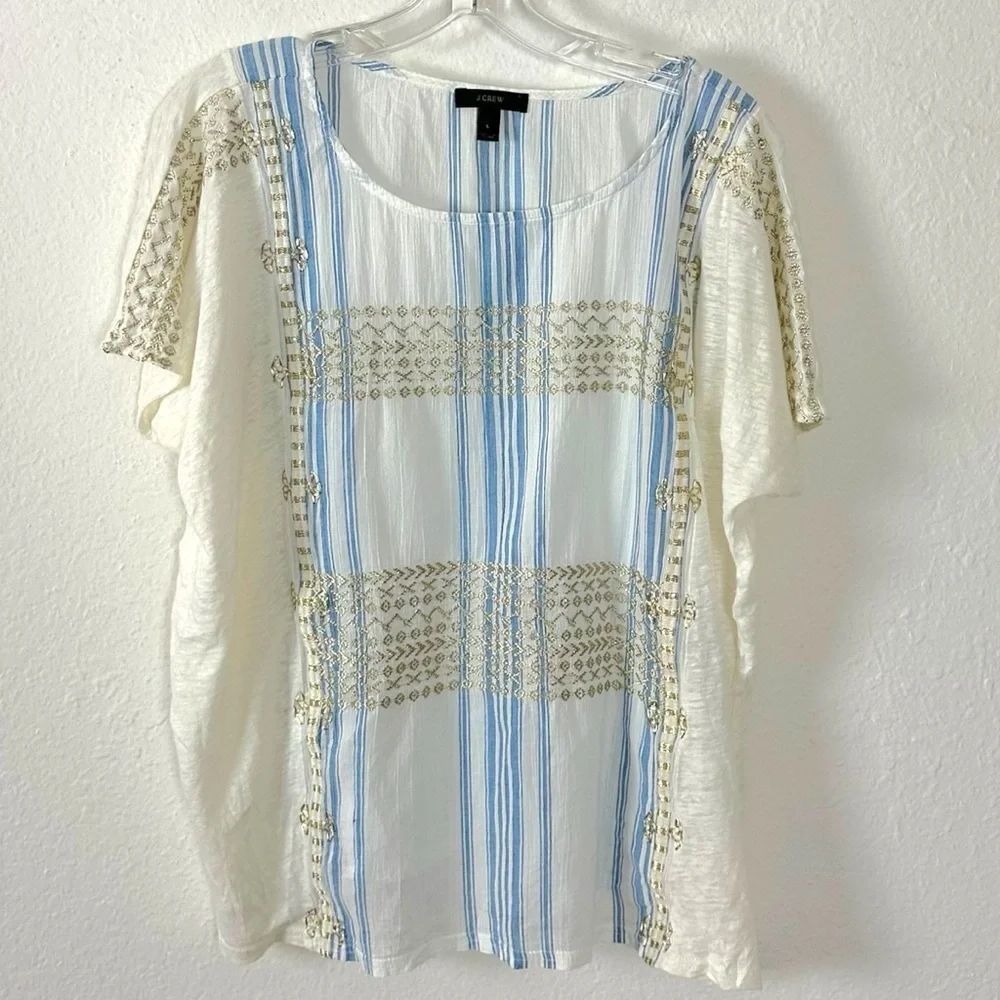 J.Crew Coastal Grandma Bohemian Embroidered Linen Oversized Boxy Tee Large Gold